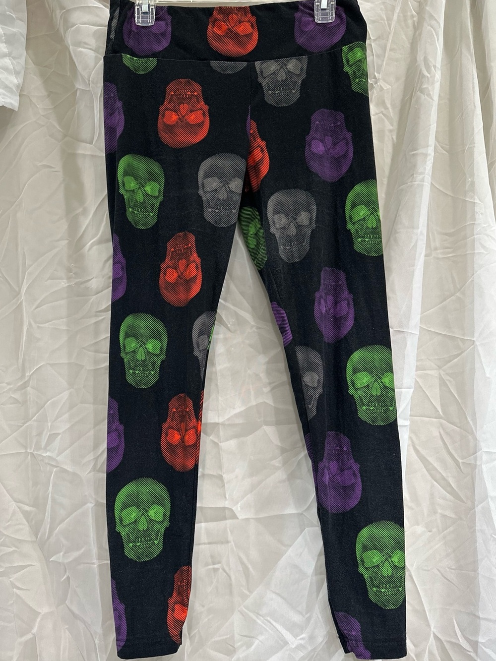 No Boundaries Black Halloween Leggings with Orange, Green, Purple & Gray Skulls